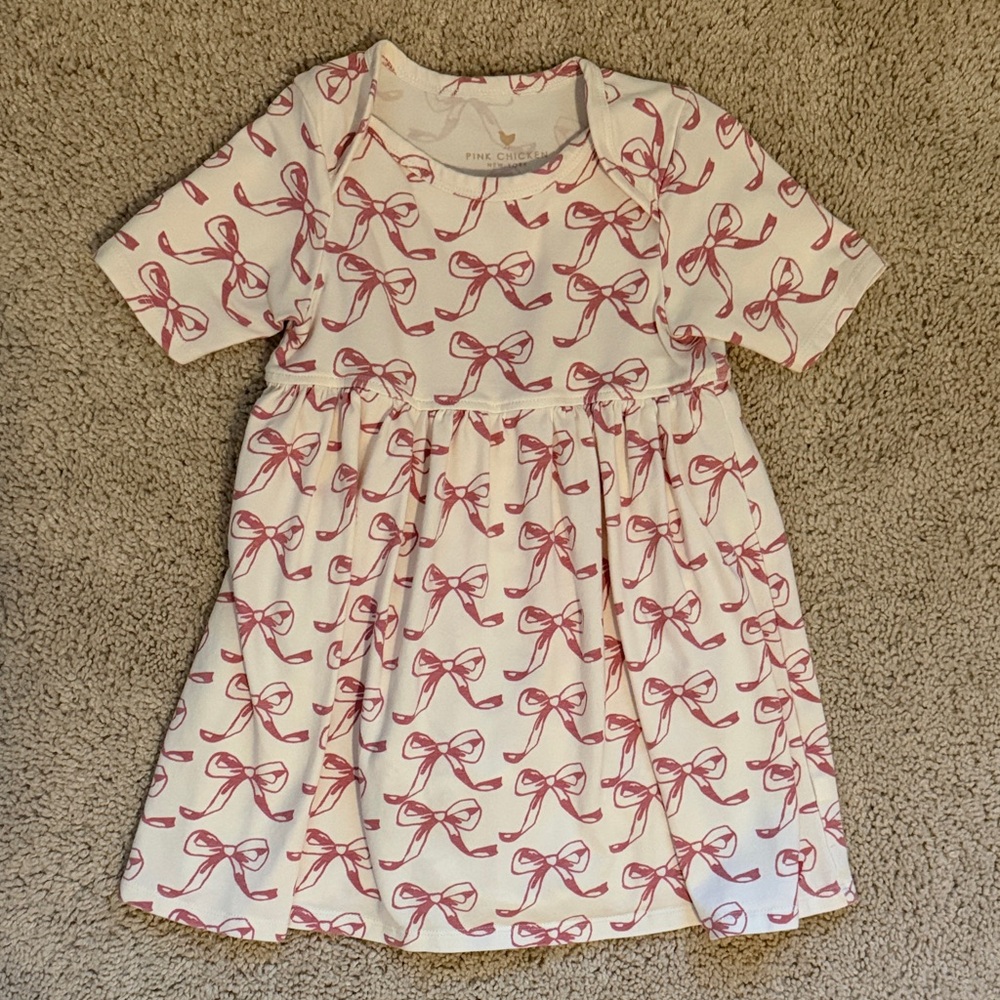 18-24 Month Pink Chicken White and Pink Bow Dress/Body suit. Gently used.